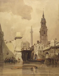 Die Kirche St. Magnus der Märtyrer bei der London Bridge, mit Denkmal im Hintergrund